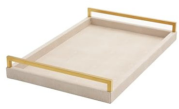 WV Ivory Shagreen Leather Serving Tray with Gold Handles, 17.7x11.8Inch Large Wooden Decorative Tray for Coffee Table Large Ottoman Tray for Home Decor Living Room (Ivory)