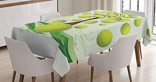 ABAKUHAUS Tennis Tischdecke, Tennisbälle Muster, Schmutzabweisend Pflegeleicht Waschbar Druck Mit Klaren Farben ohne Verblassen, 140 x 170 cm, Hellgrün Braun Weiß
