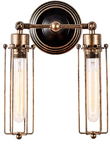 GLADFRESIT Vintage Wall Lights Adjustable Socket Industrial Lighting Rustic Wire Metal Cage Sconces Indoor Home Wall Lamp Retro Light Fixture (2-Light Lamp Base) (Oil Bronze Tube)