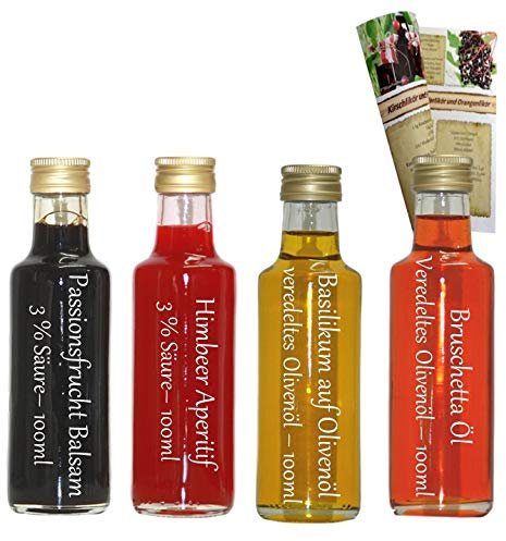 Öl/Essig Geschenkset & Probierset | 2 x 100ml Essig + 2 x 100ml Öl | Passionsdrucht Balsam - Himbeer Essig - Basilikum Öl - Bruschetta Öl | mit Rezeptbroschüre