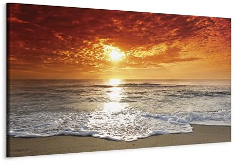 B&D XXL - Wandbilder XXL Meer Strand 150x50 cm 1 tlg - Wand Deko Vlies Leinwand Bilder Groß Wanddeko Wohnzimmer Schlafzimmer Kunstdrucke Panoramabild - Natur Landschaft Sonnenuntergang