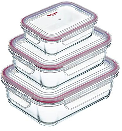 Westmark Glas-Frischhaltedosen-Set, 3tlg., Eckig, Füllvolumen: je 1x 370 ml, 1040 ml und 1520 ml, Glas/Silikon/Kunststoff, Transparent/Rot, 234422E6