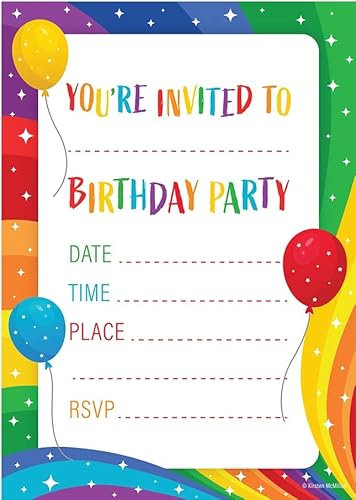 Kirsten McMillan 32 Rainbow Birthday Party Invitations for Kids with Envelopes - Pack of 32 Rainbow Party Invites for Girls & Boys - Designed and Printed in the UK