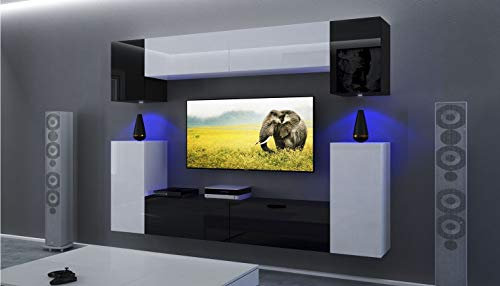 Furnitech Wohnwand Wohnzimmer | Wohnzimmer Möbel mit LED Weiß | Hängend Wohnwand Modern | Wohnzimmer Schrankwand mit Regale und TV Schrank (Rodos AN43/17WB/HG23 1A)