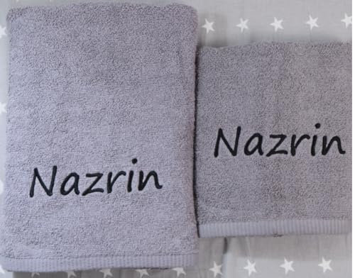 Handtuch Set 2-teilig Grau – personalisiert mit Namen – Duschtuch 70x140 & Handtuch 50x100 – 100% Baumwolle, 500 g/m² – Geschenkidee – Oeko-TEX – hochwertig & Bestickt