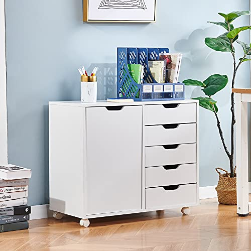 Menaka Home Office 5 Drawers Mobile File Cabinet White with Door and Shelves for Unit Document Printer Storage, Wooden Lateral File Cabinet with Wheels Beside Desk Drawers Cabinet Sideboard