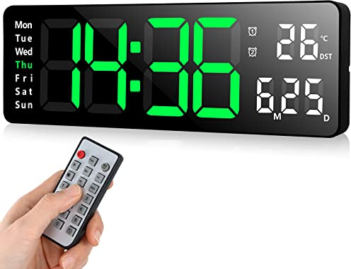 Fuloon Despertador Digital con Control Remoto, 13'' Reloj de Pared LED Digital, Reloj Despertador Digital Moderno con Cronómetro de Tiempo y Cuenta Regresiva,Brillo Ajustable,Hora,Fecha,Temperatura