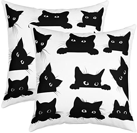 Cartoon Katze Kissenbezüge 50x50cm 2er Set Kissenbezüge Katzen Druck Kissenhütte für Couch Sofa Nettes Kätzchen Tier Schwarz-Weiß Katze Liebhaber Geschenk Sofakissen Couchkissen Outdoor Kissenbezug