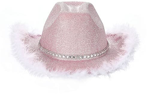 Qtinghua Weiß/Rosa Cowboyhut für Frauen Flauschiger Federbesatz Halloween Kostüm Cowgirl Hut für Cosplay Verkleidung Party Rollenspiel Geburtstagsfeier (Glitzer Cowboyhut Rosa Feder, Einheitsgröße)