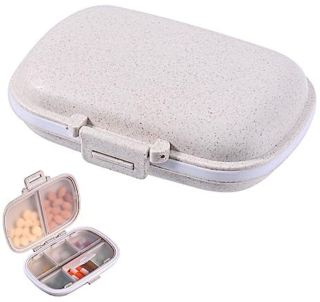Organisateur de pilules portable avec 8 compartiments pour une utilisation en déplacement, petite boîte beige pour le portefeuille, contenant compact pour médicaments et vitamines.