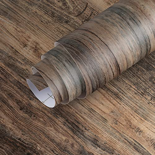 JSEVEM 40CM×9M Thick Brown Grey Wood Wallpaper Peel and Stick Self Adhesive Vinyl Wrap Waterproof Gray Wood Contact Paper Sticky Back Plastic Roll Matte Textured Wall Tile Stickers for Walls Bedroom