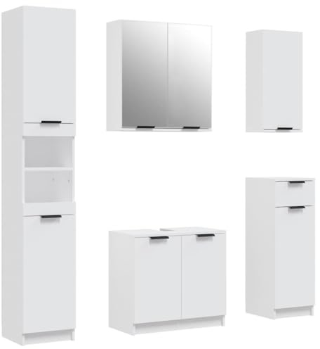 Foknhdi Ensemble de 5 meubles de salle de bain en bois blanc avec miroir 32 x 34 x 90 cm Design moderne Espace de rangement pour petites et grandes salles de bains, toilettes d'invités, espace