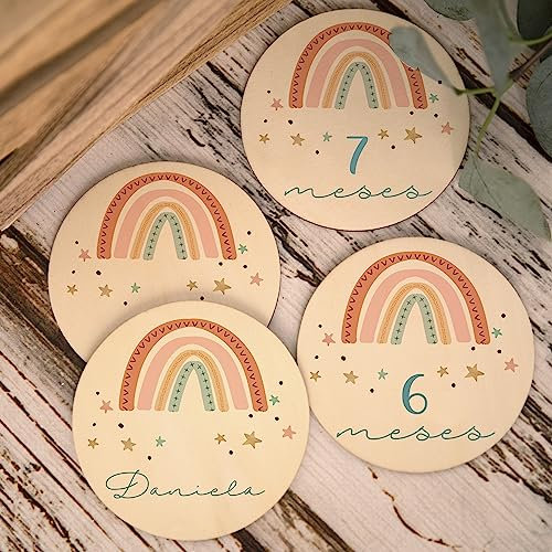 Placas cumple meses de nacimiento Estrellas impresas en discos de madera personalizadas con nombre para regalo de bebes recien nacidos Hitos Mensuales de Madera (Estrellas)