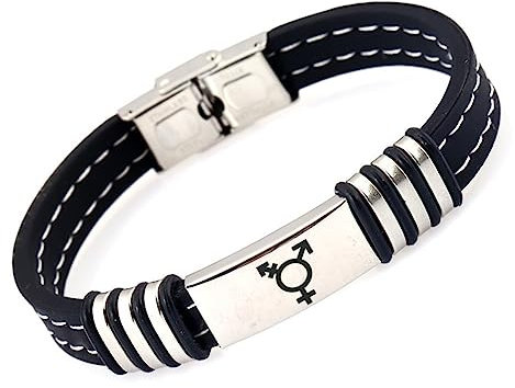 ForeverWill Genderqueer Armband Transgender Symbol der Nicht-Binären Identitätslinien Silikon Armreif mit Id Tag Trans Pride Armreif Transgendered LGBTQ Schmuck für Männer Frauen, 8,26 Zoll