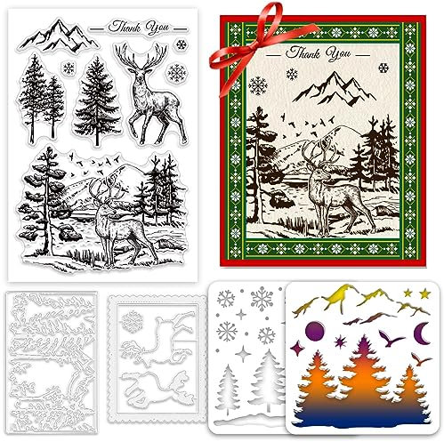 INFUNLY Weihnachtswald-Stempel Und -Stanzformen Für Die Kartenherstellung Weihnachtshirsch-Stempel- Und Stanzformen-Set Waldhirsch-Schablonen Für Die Kartenherstellung