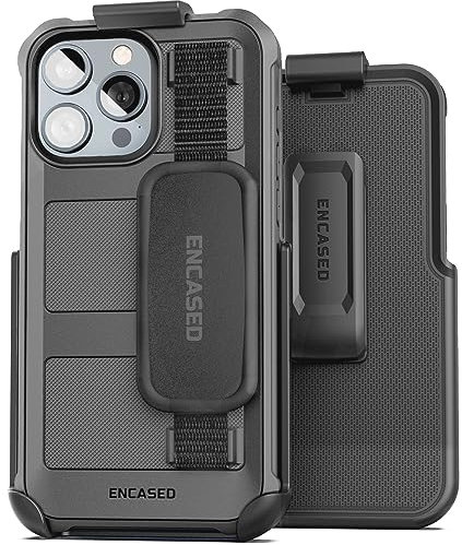 Encased Rugged Hand Strap Case for iPhone 15 PRO with Belt Clip Phone Holster, Shockproof Heavy-Duty Protection (Black)