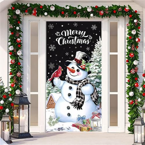 Chickwin Couverture de Porte de Noël Décoration Exterieur Bannière de Fête Noël en Plein Air Fond de Noël Tissu de Accrocher Décoration de Nouvel an Tapisserie, 90x200cm (Bonhomme de Neige)