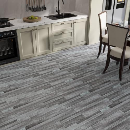 VaryPaper PVC Adesivo Effetto Legno Grigio Finto Laminato Pavimento a Incastro 90cmx15cm 20 Pezzi Mattonelle per Soggiorno Cucina Scale