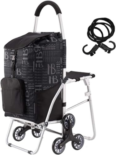 Einkaufstrolley Treppensteiger Mit Sitz,6 Räder Für Alte Menschen Treppensteiger Klappbar Einkaufstrolley,Stabil Shopping Trolley Bag,Schwarz