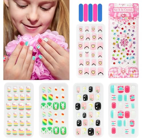VEGCOO 120 Piezas Uñas Postizas para Niñas con 5 Limas de Uñas y Pegatina, Puntas de Uñas Niñas Pre Pegamento Uñas Artificiales Cortas para Niñas, Nail Art Manicura Decoración (B, varios tamaños)