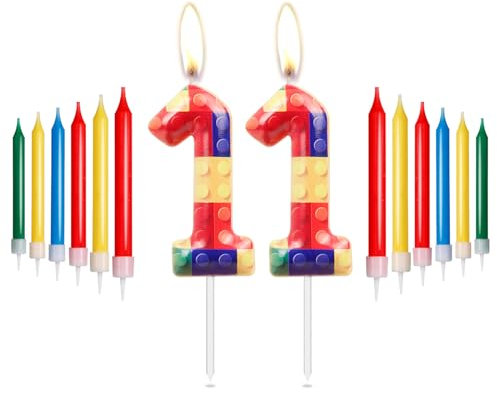 mciskin Bausteine Geburtstag Zahl 11 Kerzen, rot, gelb, grün, blau Kerzen für Kuchen, Partykerzen, Baustein-Themen-Geburtstagskuchenkerzen für Jungen Mädchen 11. Geburtstag Dekor