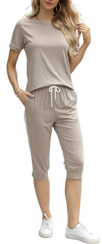 Aottori Jogginganzug Damen Set Rundhals Kurze Ärmel Trainingsanzug Zweiteiler Elegant Hausanzug Freizeitanzug Sportanzug 2 Teiler Sommer Outfits Khaki XXL