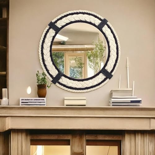 Espejo redondo de cuerda de baño, espejo circular montado en la pared con marco de MDF, espejo moderno adecuado para tocador, entrada, sala de estar, decoración de pared, espejo de cuerda blanco y