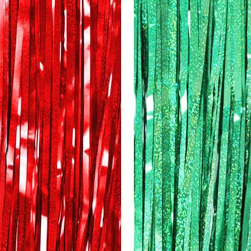 AILEXI 2 Pack 3ft*8ft Party Supplies Foil Fringe Shimmer Curtains, Door Window Decorations Streamers or Wall Backdrop Tinsels - Laser Red & Green