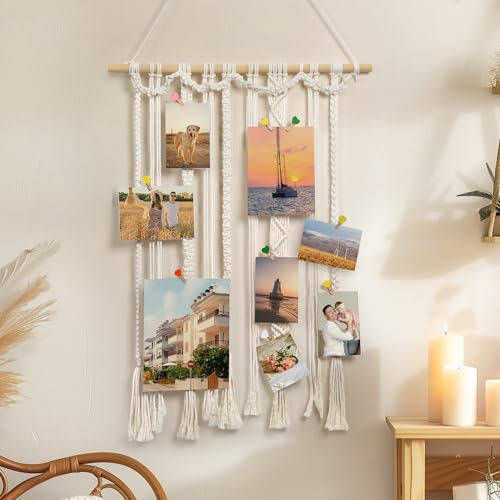 Afuly Bilderrahmen Collage Fotowand mit Klammern Makramee Wandbehang Boho Wanddeko Bilderwand mit 30 Niedlichen Holzklammern Geburtstag Hochzeit Weihnachten 108cm x 60cm