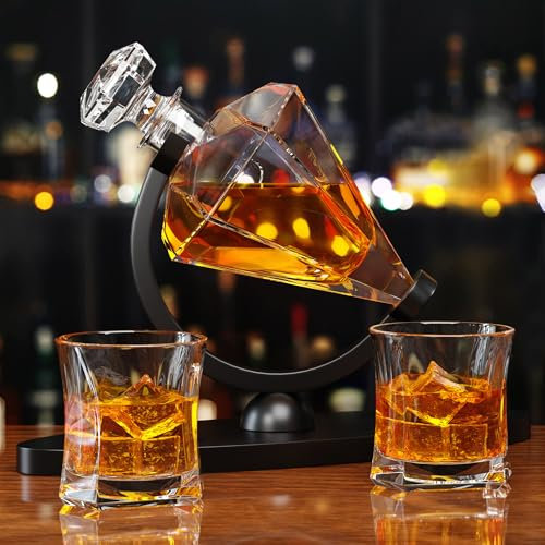 Gifts for Men Dad, Diamond Whiskey Decanter Set with 2 Glasses & Wooden Stand, Christmas Gifts for Women Men, Anniversary Birthday Gifts for Him Husband, Unique Bourbon Gifts for Men, Cool Stuff