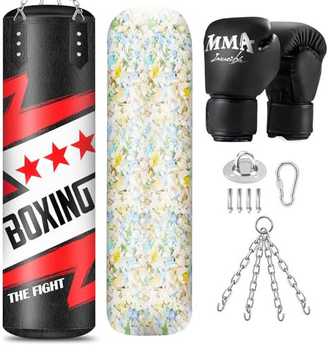 JUOIFIP Boxsack Hängend, 5kg Boxsack Gefüllt Erwachsene mit Einer vollständigen Palette von Zubehör, Microfiber Leder schwere Tasche für das Training Kickboxen Fitness MMA Muay Thai Karate 120cm