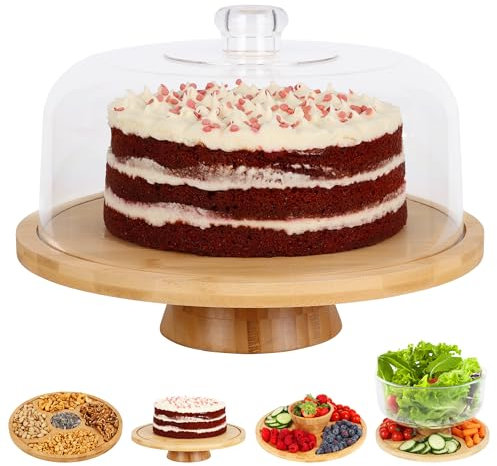 6 in 1 Großer Bambusholz Tortenständer mit Deckel - Multiuse Holz Tortenständer mit Kuppel Acryl Kuchenabdeckung / Cake Dome - Kuchenhalter mit Deckel - Acryl Tortenständer Kuppel & Bambusboden Punch