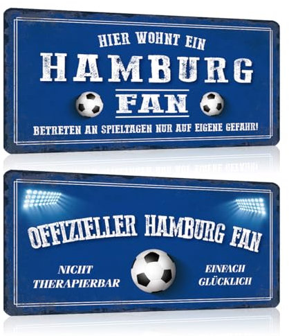 2er Set Fußball Blechschilder - Fussball Metallschild mit Spruch - Sport Schild Deko Zubehör Geschenk Fanartikel für Hamburg Fan Liebhaber Begeisterte