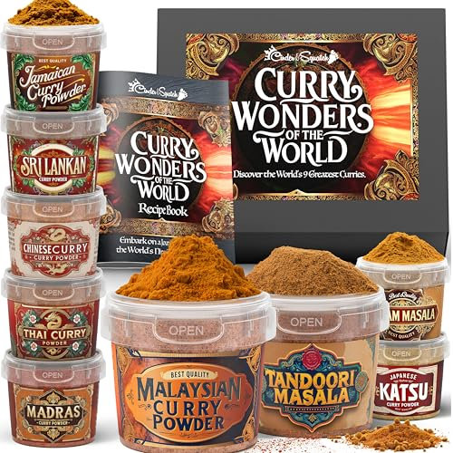 Curry Gift Set with 9 Authentic Spice Pots + Recipe Book | Authentic Curry Powders Kit | Spice Gift Box for Curry Lovers
