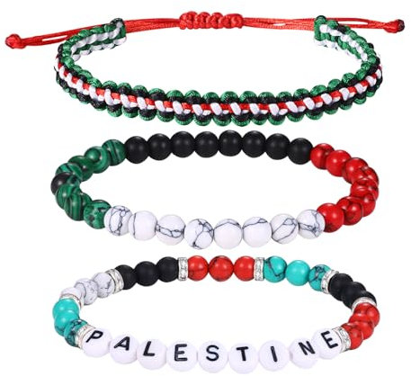 JewelryWe Palästina Armband Perlenarmband 3er Set: Palästinensische Flagge Handgewebt Geflochten Seil Perlen Armbänder mit Buchstaben Palestine Boho Verstellbar Palästina-Armband Unisex