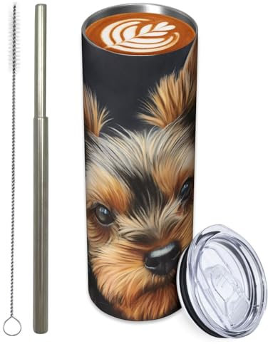 Turamurra Stainless Steel Tumbler 20oz with Lid and Straw, Yorkshire Terrier Dog Tumbler for Hot and Cold Beverages, Travel Coffee Mug Insulated Tumblers Cups, Yorkshire Terrier Gifts for Women