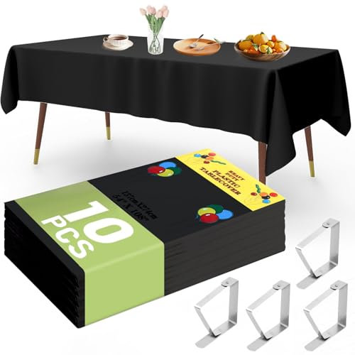 YSOOUA Nappes Jetables Noir 10 Pièces Nappe Rectangulaire 137 x 274 cm Nappe Plastique Nappes Jetables Imperméable avec 4 Pinces à Nappe pour Pique-Nique Barbecue, Mariages, Banquet (Noir)