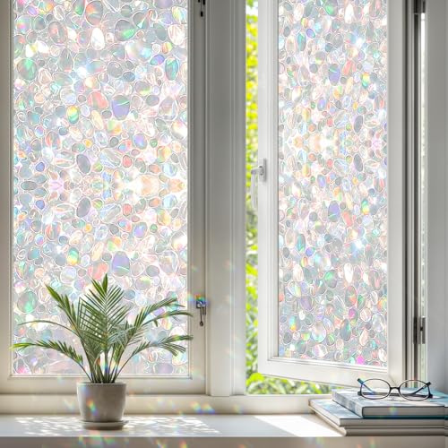 Qualsen Fensterfolie Bunt Sichtschutzfolie Fenster, Kieselstein, 90x200cm | Fensterfolie Blickdicht Regenbogen Dekorfolie, UV Schutz Statisch Haftend, für Wohnzimmer Küche Schlafzimmer