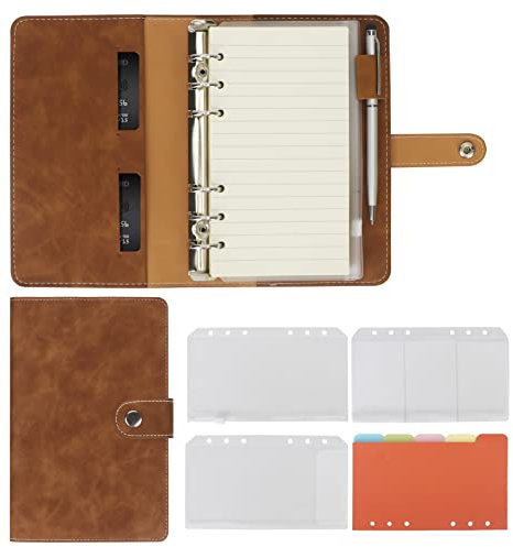 Skycase A6 Ringbuch Nachfüllbar - 6-Ring Notizbuch aus PU Leder mit Füllpapier, Taschen & Blättern, DIN A6 Tagebuch, Braun
