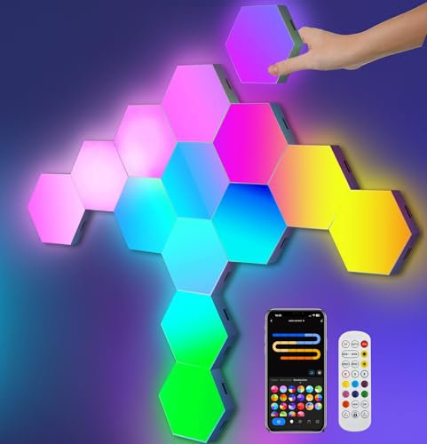 Hexagon LED Panel for Gaming Setup, 14 Smart Home Gaming LED lampada da parete esagonale funziona con Alexa Google Assistant, pannelli da parete per videogiochi, controllo vocale, musica Sync per