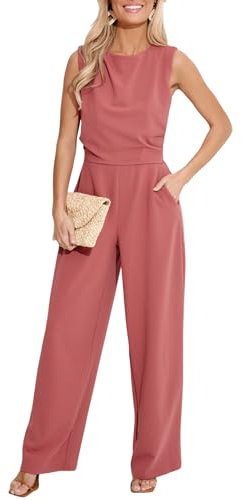 CUPSHE Damen Jumpsuit Rundhals Ärmellos Overall Plissee Weite Beine Playsuit mit Taschen Elegant Hosenanzug Rosa L