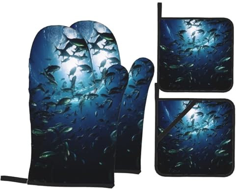 Guanti da forno con stampa di pesce gatto subacqueo e presine, resistenti al calore, per cucinare e grigliare