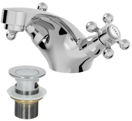 Park Lane® Oxford Bathroom Cloakroom Basin Sink Mixer Tap and Waste Set Traditional Mono Round Twin Crosshead Handle Faucet for Sinks, Chrome