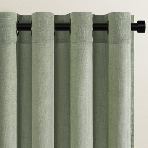 Topfinel Leinen Gardinen Wohnzimmer Gardinen Halbtransparent Voile Vorhänge mit Ösen Hell Vorhang Salbeigrün 140x220cm Gardinen Schlaufenschal 2er Set