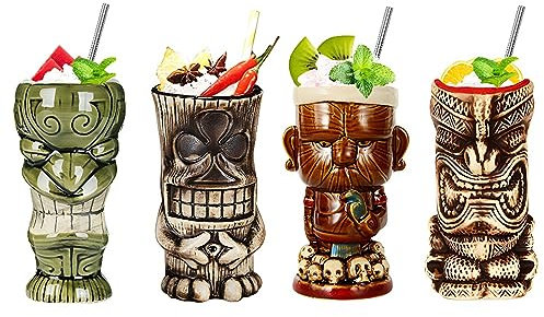 Lot de 4 tasses à cocktail en céramique pour fête Tiki Hawaï - Verres pour cocktails tropicaux et bar