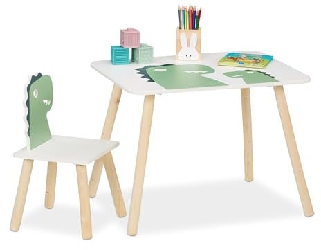 Relaxdays Kindersitzgruppe, Dino-Design, Kindertisch mit Stuhl, Mädchen & Jungen, Sitzecke für Kinderzimmer, weiß/grün