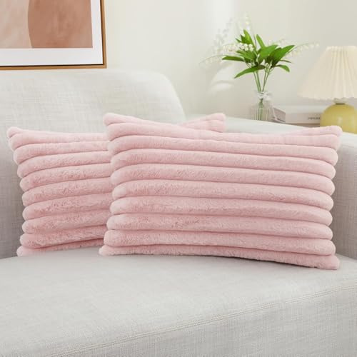 decorUhome Kissenbezüge aus Kunstfell, 30 x 50 cm, 2 Stück, dekorativer weicher Plüsch, gestreift, neutraler Kissenbezug mit Samtrückseite für Sofa, Bett, Wohnzimmer, Heimdekoration, Rosa, 30 x 50 cm