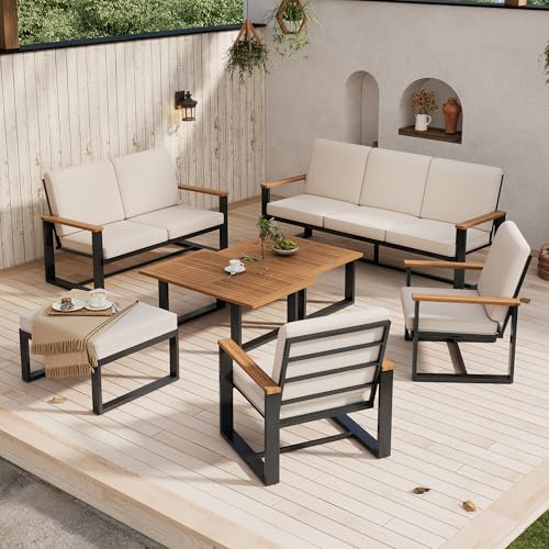 ThomP Gartenmöbel-Set,Garten-Loungesessel-Set, 8-Sitzer mit Akazienholz, 3er-Sofa, 2er-Sofa, 2 Sessel, Couchtisch und Hocker, Beige