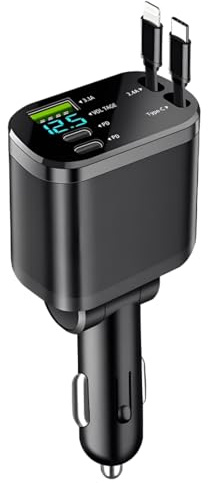 NHQZ 5 EN 1 Cargador Coche USB C - [Compacto & Indicador de Voltaje] Plegable Adaptador Móvil Coche con Cables Retráctiles y Puerto USB-C/A, para iPhone/Samsung