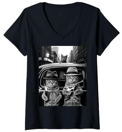 Damen Lustig Gangster Katze Spruch Mafia Mobster Noir Humor Frauen Männer T-Shirt mit V-Ausschnitt